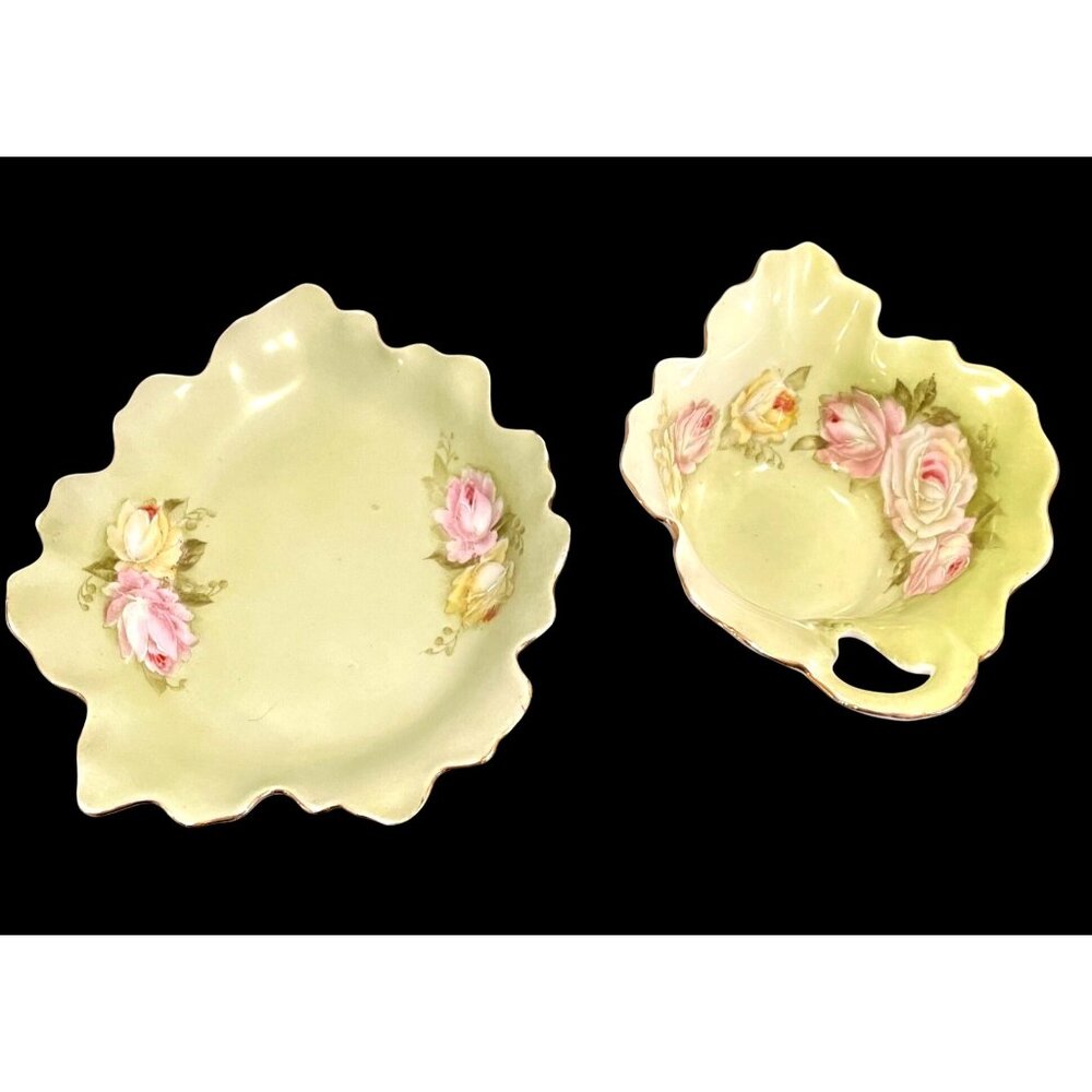 Antique Hand-Painted Porcelain Dish Set With Pink & Yellow Roses Leaf-Shaped Des